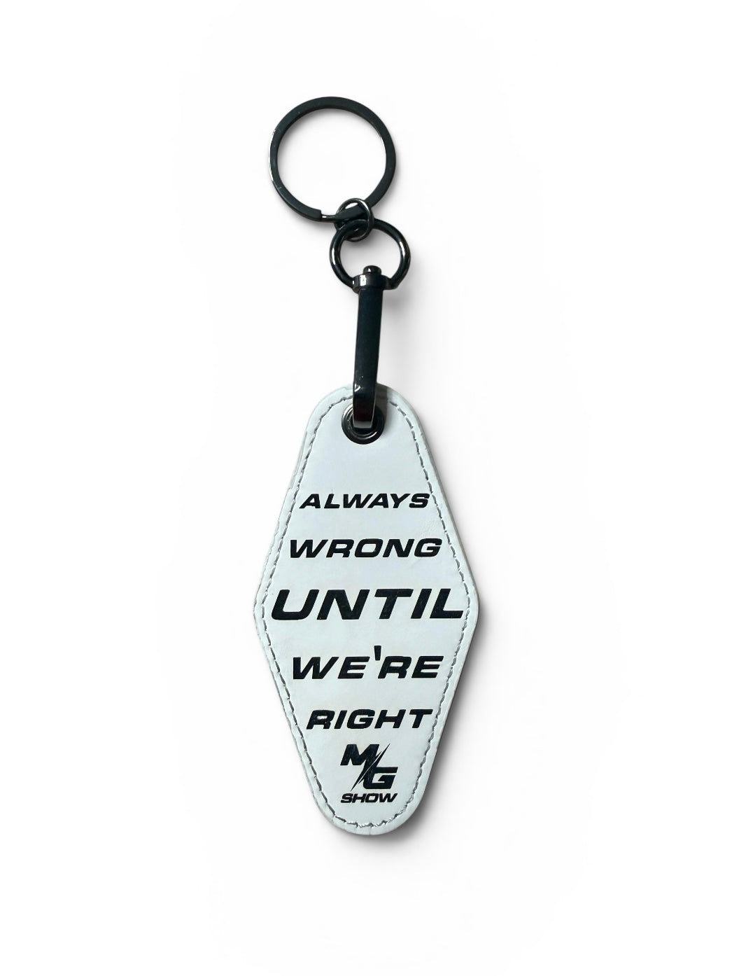 MG Show engraved leatherette keychain with custom logo, alternate view